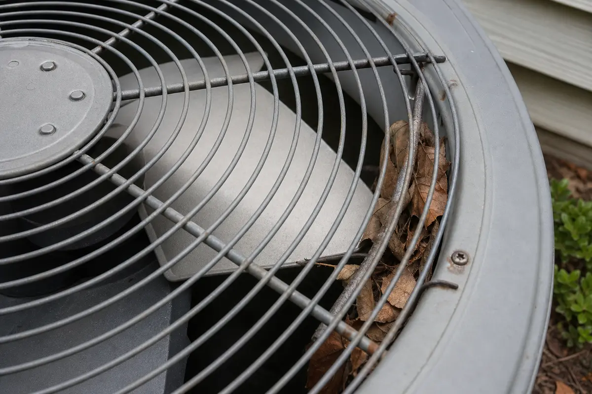 Leaves and a twig caught near the outdoor AC fan blade path while the unit hums but will not spin