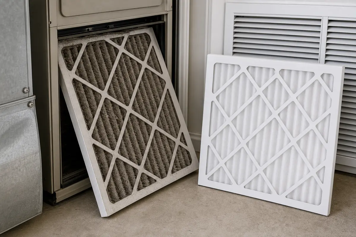 Dirty HVAC air filter beside a clean replacement for an AC short cycling airflow check