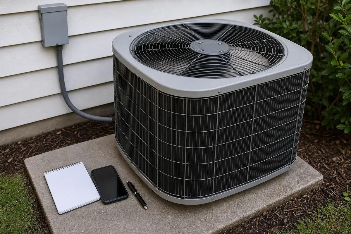 Outdoor AC condenser with timer and notepad for checking restarts every few minutes