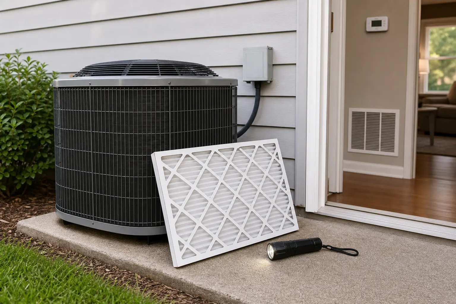 Outdoor air conditioner condenser with filter and flashlight for troubleshooting