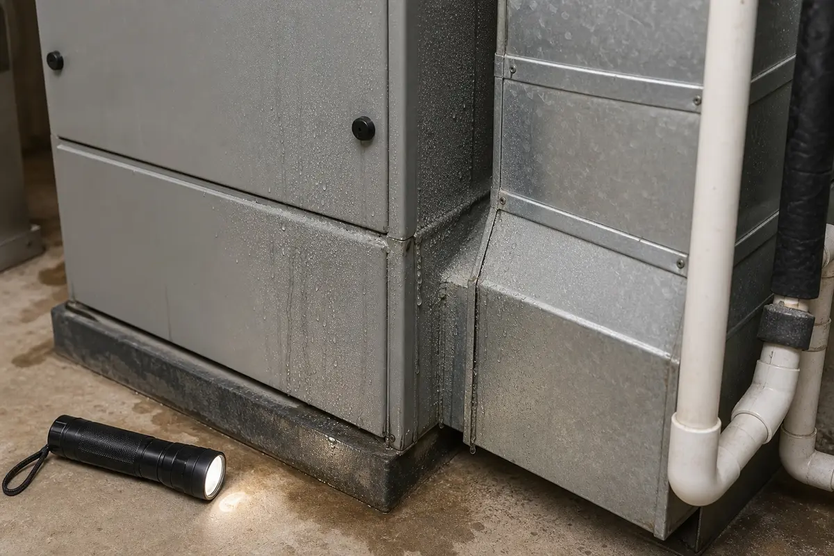 Close-up of condensation beads on an air handler cabinet seam