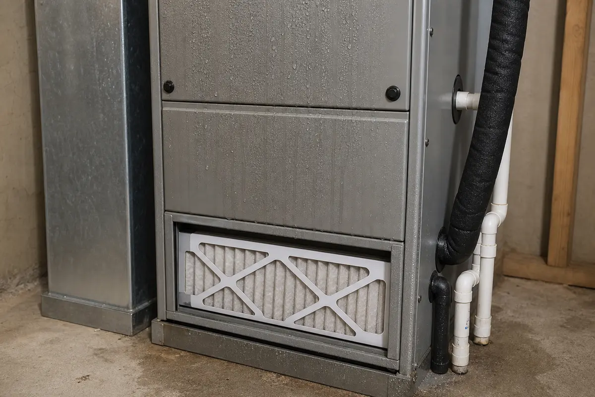 Air handler cabinet with condensation beads and filter slot visible