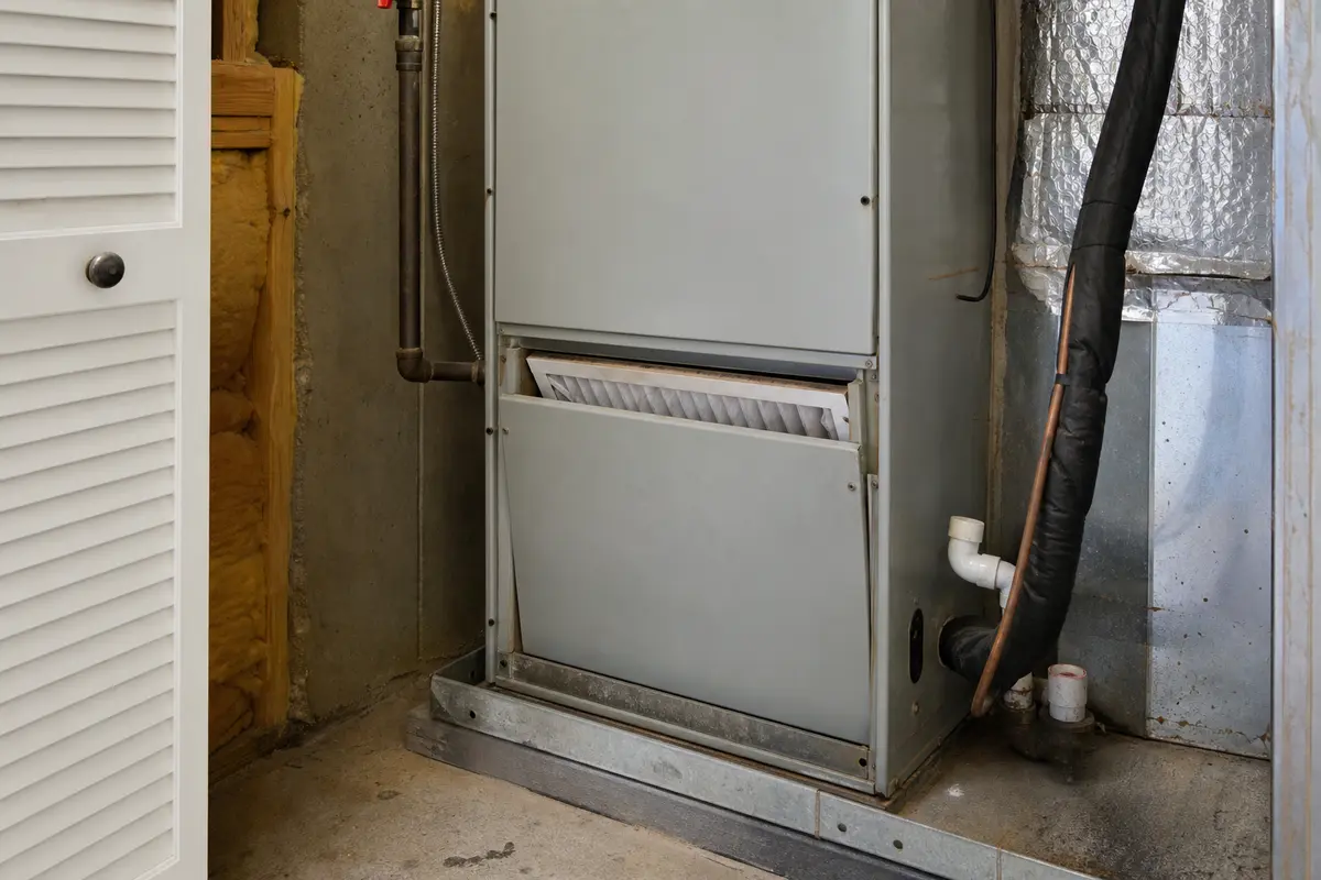 Air handler cabinet with filter area and condensate line for troubleshooting