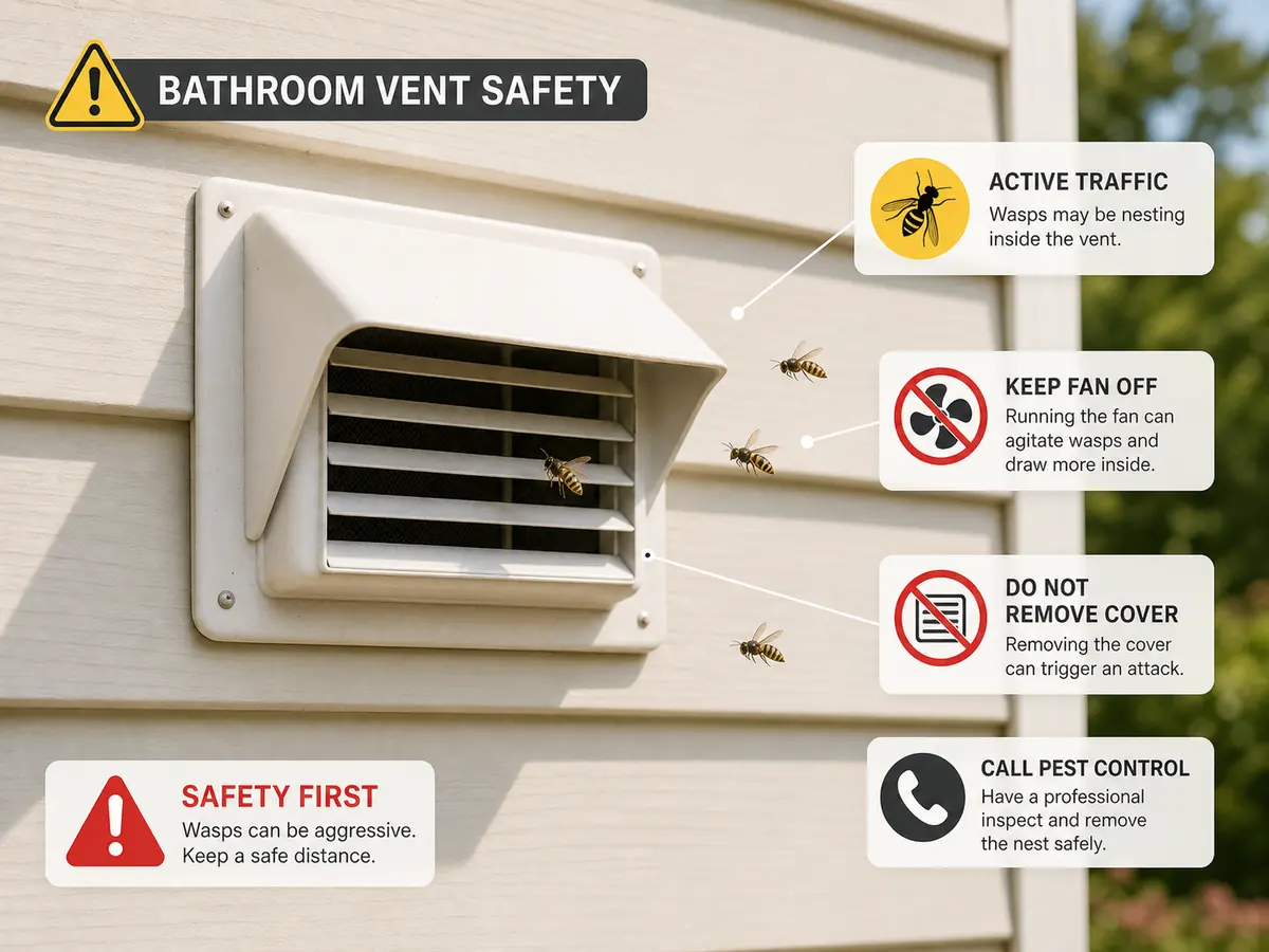 Active hornets or wasps entering a bathroom exhaust vent with a warning not to touch the cover