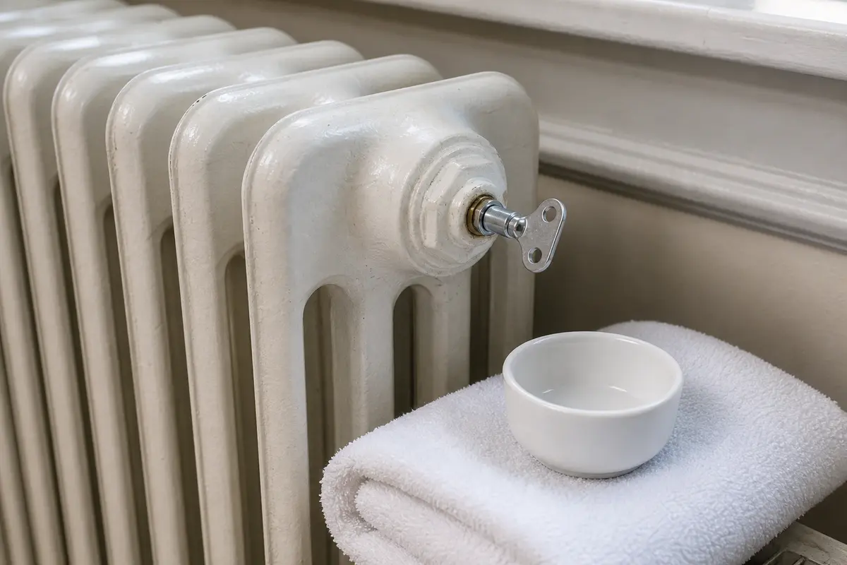 Radiator bleed valve with key, towel, and cup for boiler air check