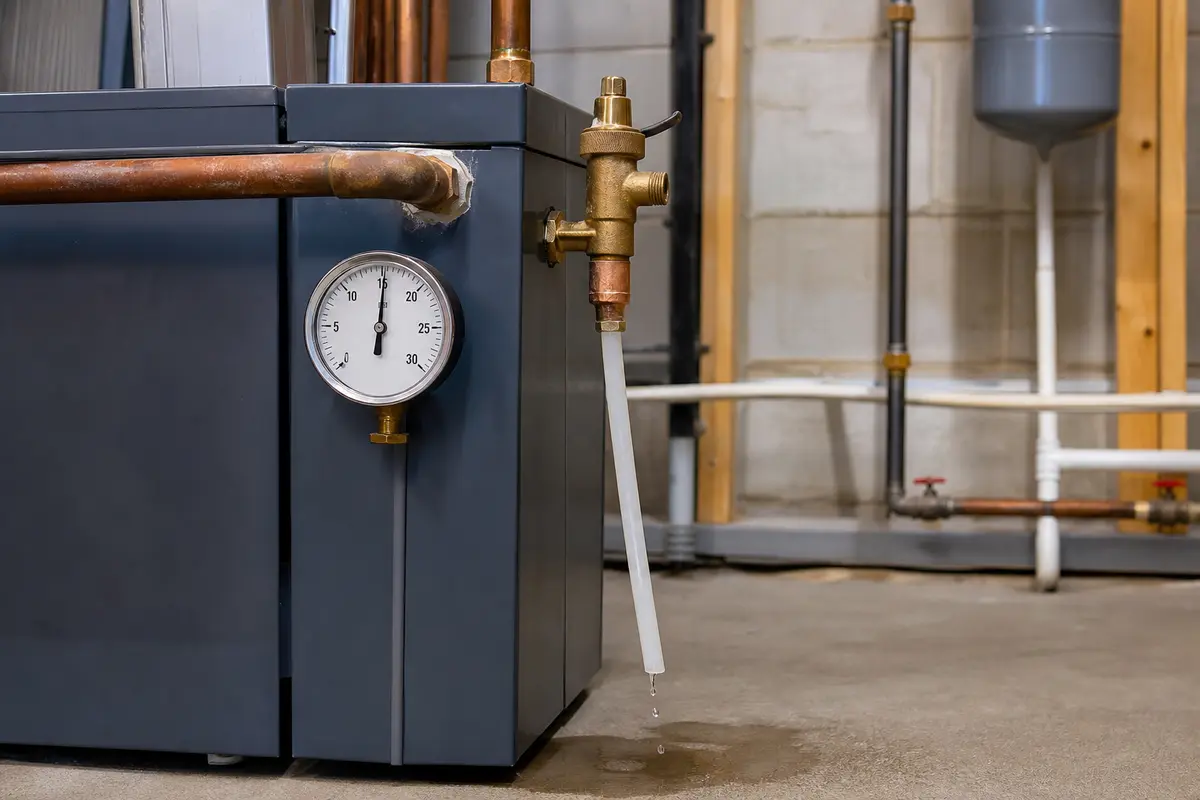 Boiler relief discharge pipe with small drip after pressure rise