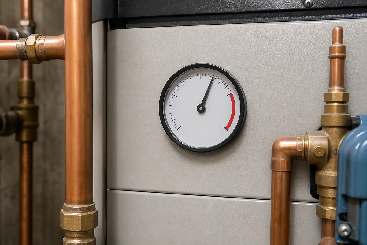 Boiler pressure gauge rising toward high pressure during overheating check