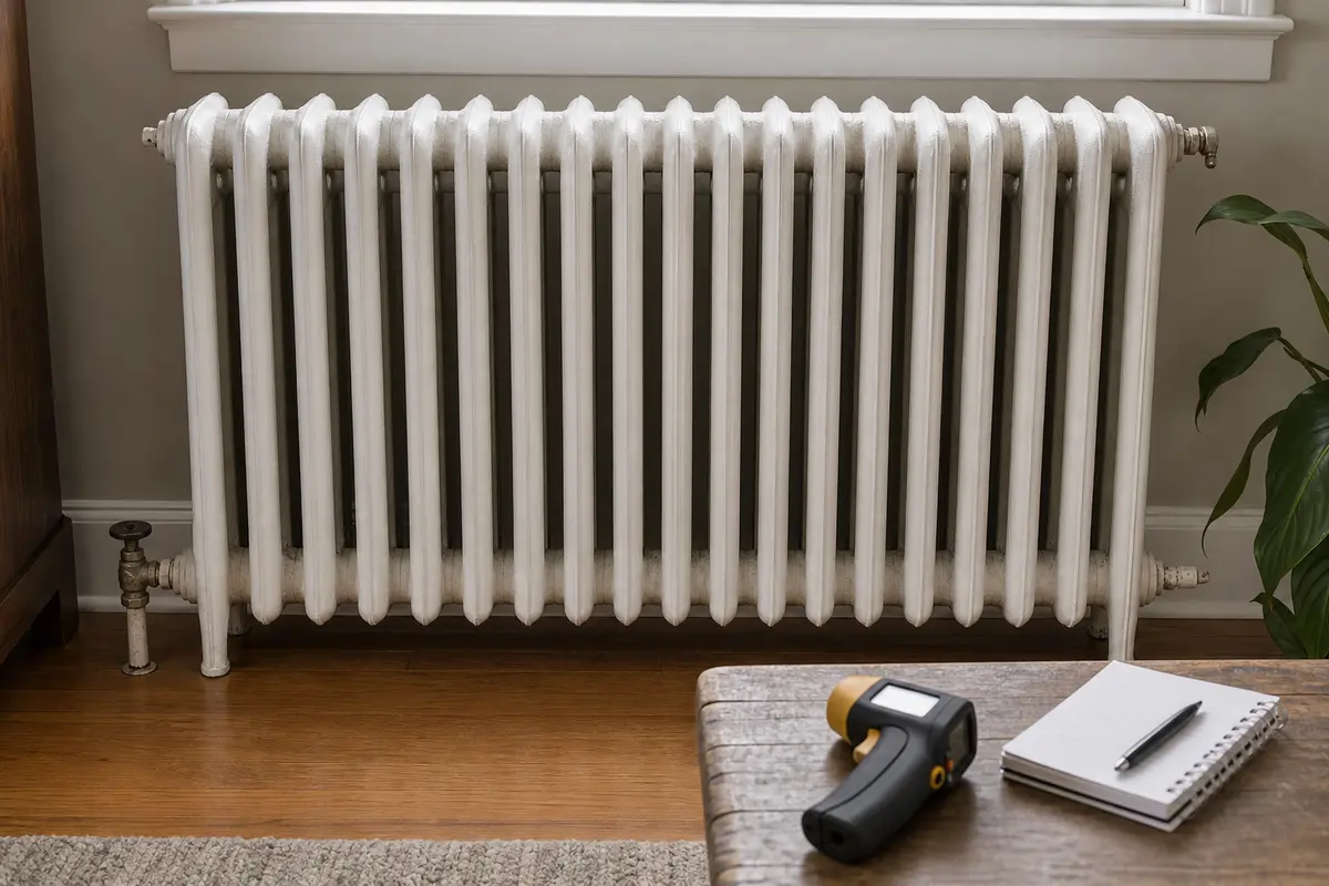 Radiator checked for cold top and gurgling hydronic heat