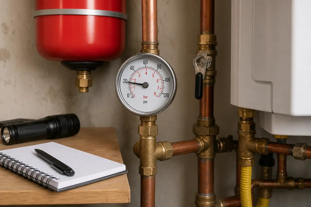 Boiler pressure gauge checked before diagnosing gurgling pipes