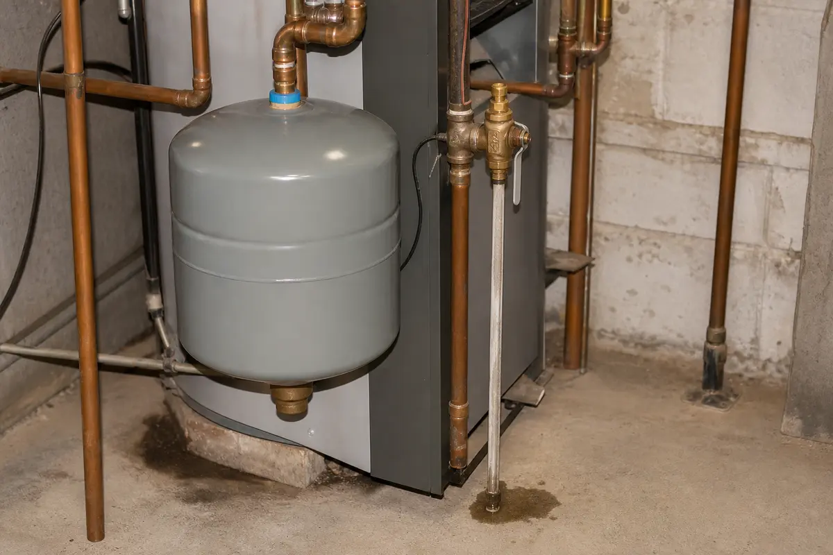 Boiler expansion tank and relief-valve area checked for pressure rise clue