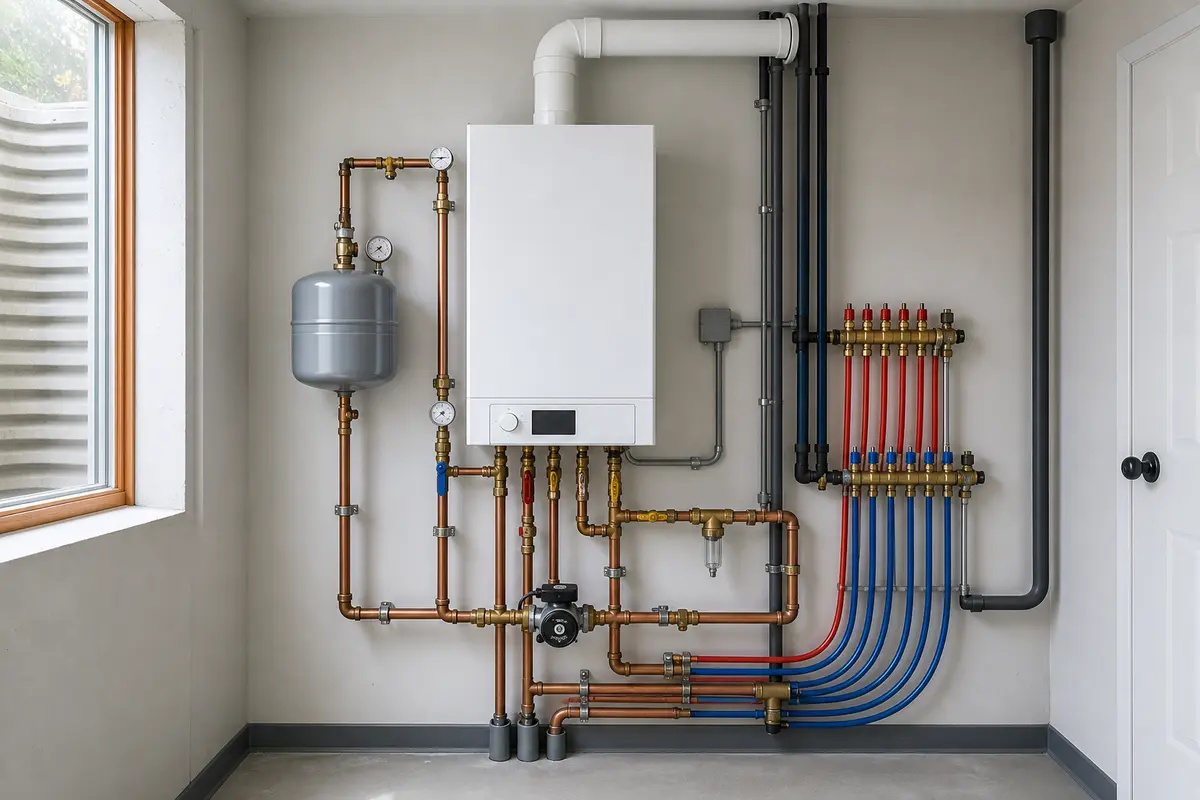 Residential hydronic boiler with pressure gauge, expansion tank, and zone piping