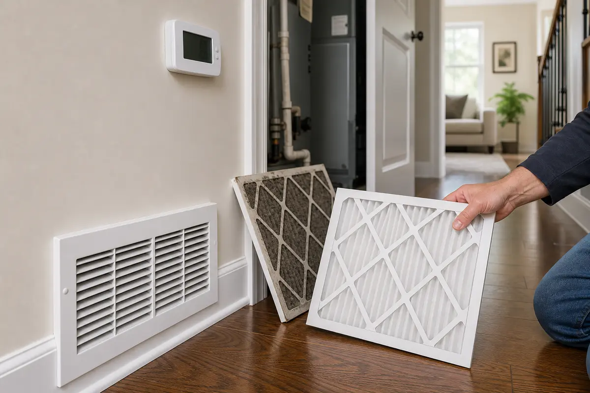 Dirty and clean HVAC filters checked near vent for burning smell