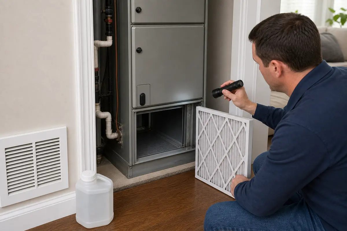 Air handler filter slot checked for chemical smell from vents