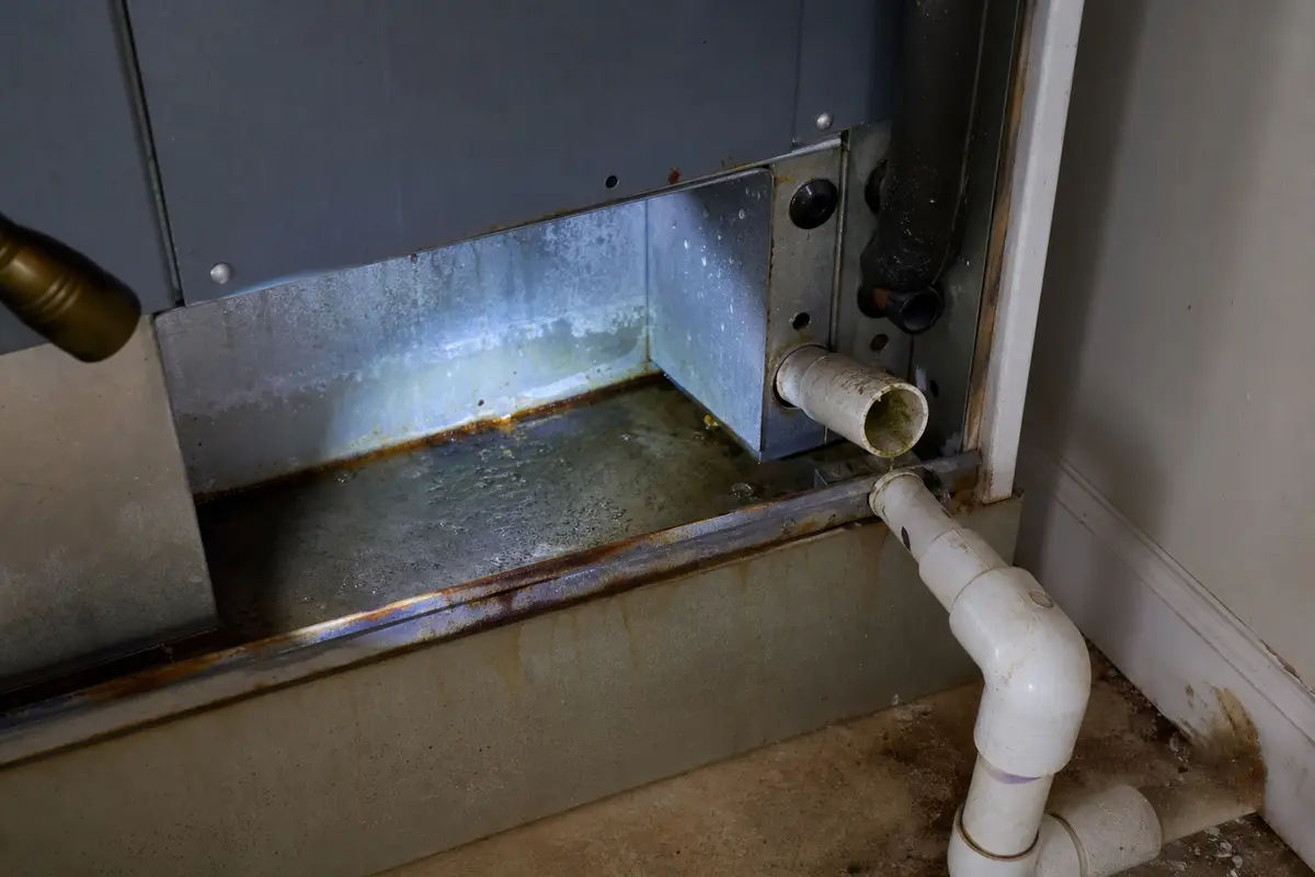Overflowing condensate drain pan with standing water at the air handler