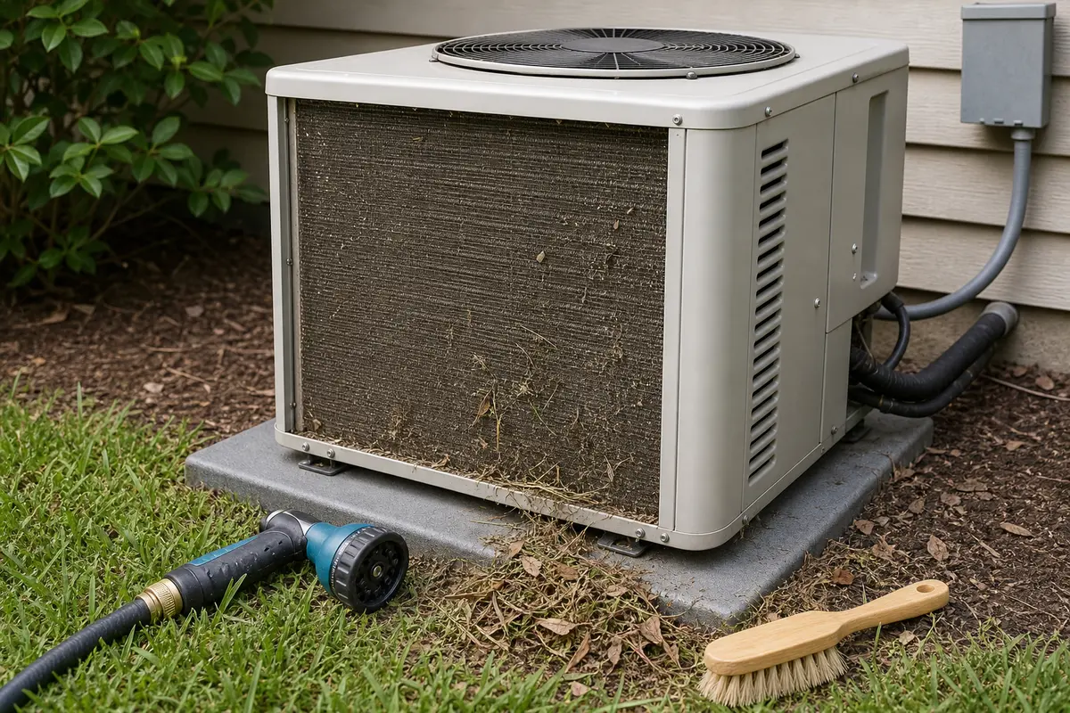 Heat pump outdoor unit with debris cleared for airflow during a no heat check