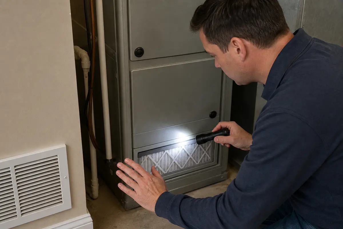 Air handler filter slot checked after burning smell when heat turns on