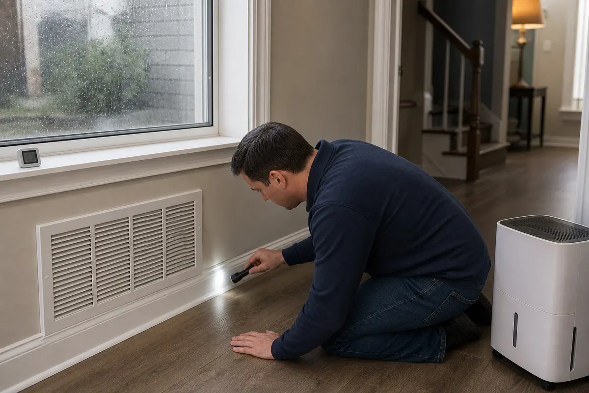 Return grille and humidity checked when house smells damp after rain
