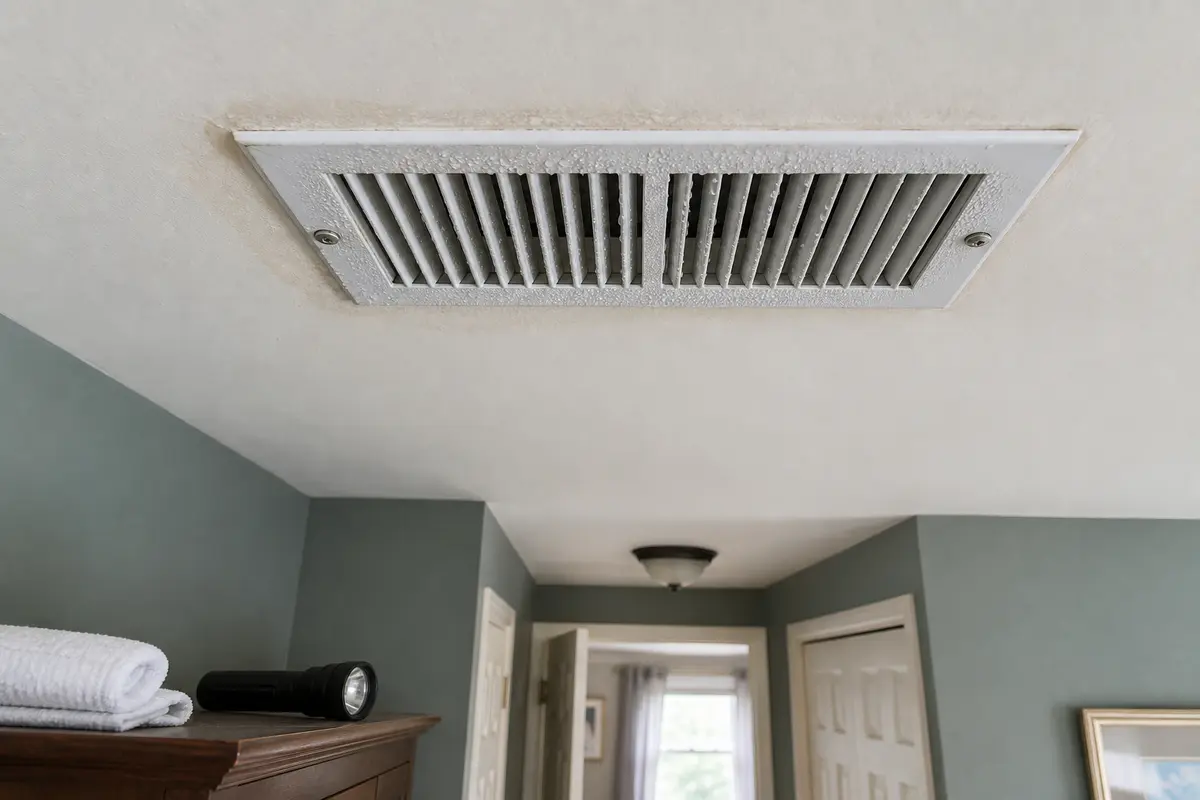Ceiling AC register with condensation beads and a damp drywall edge