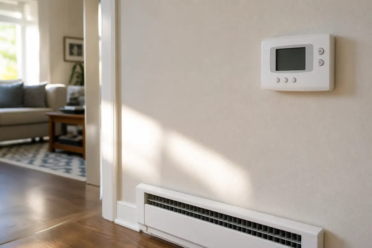 Trane XL824 thermostat area inspected for blank screen, low-battery alert, and wall control power clues