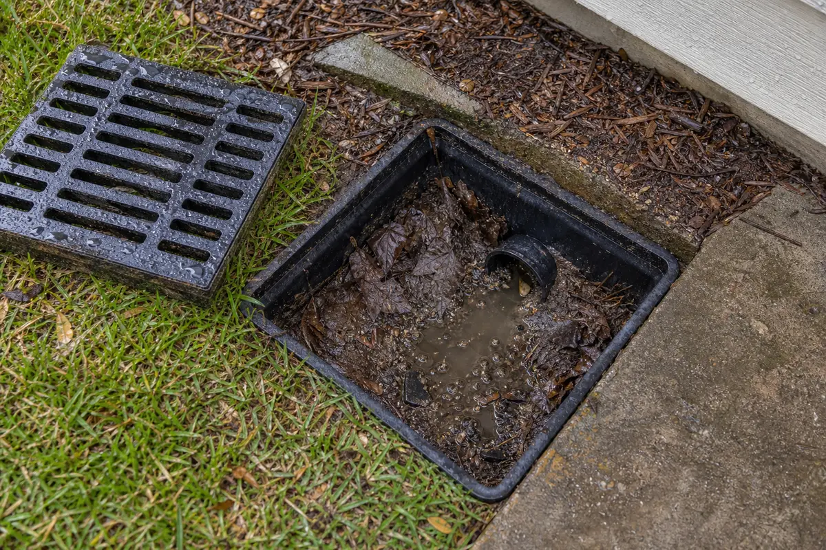 Catch basin opened after a storm with leaves silt and muddy water inside