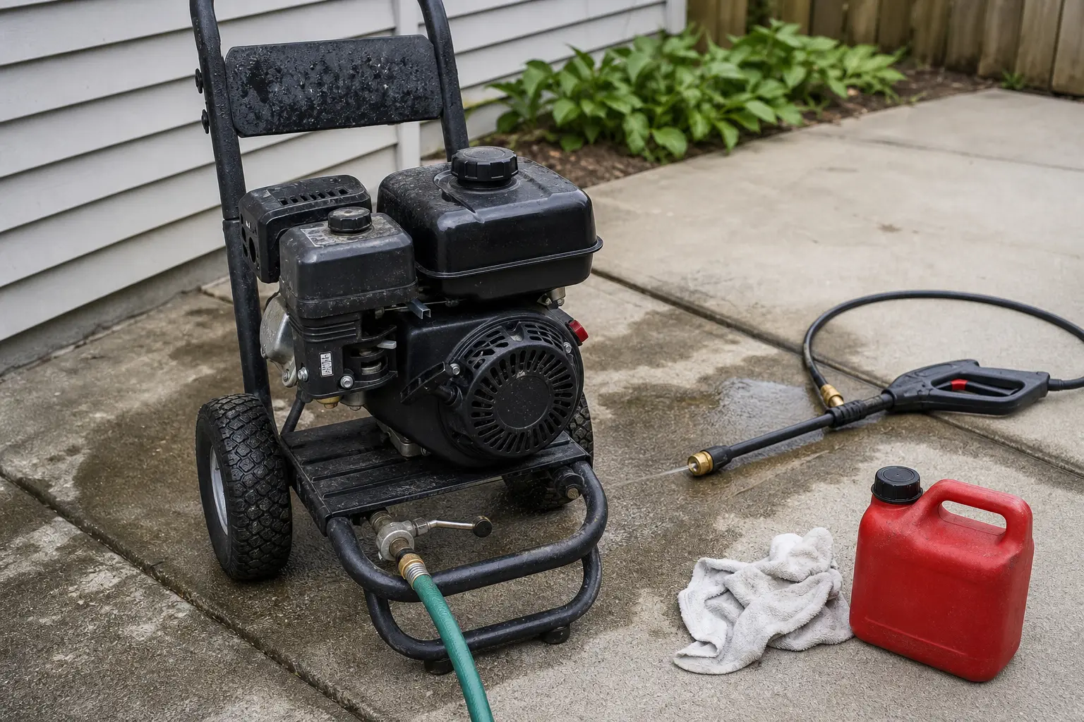 Gas pressure washer on a driveway with hose connected and fuel container nearby for no-start diagnosis