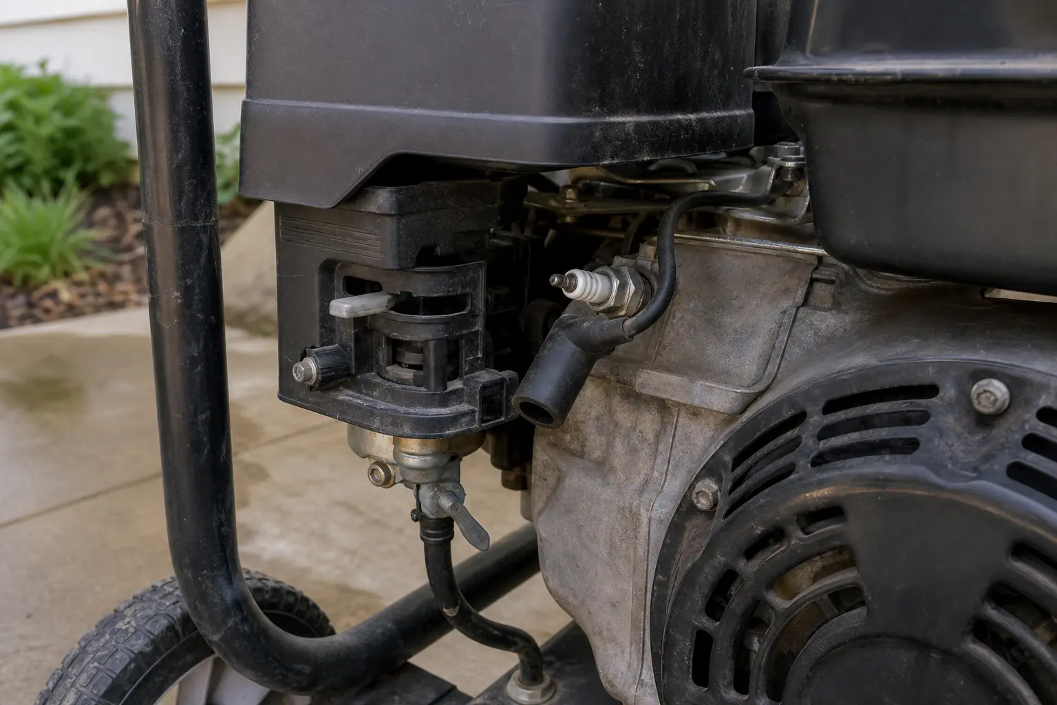 Pressure washer engine close-up with spark plug boot off and choke and fuel valve area visible