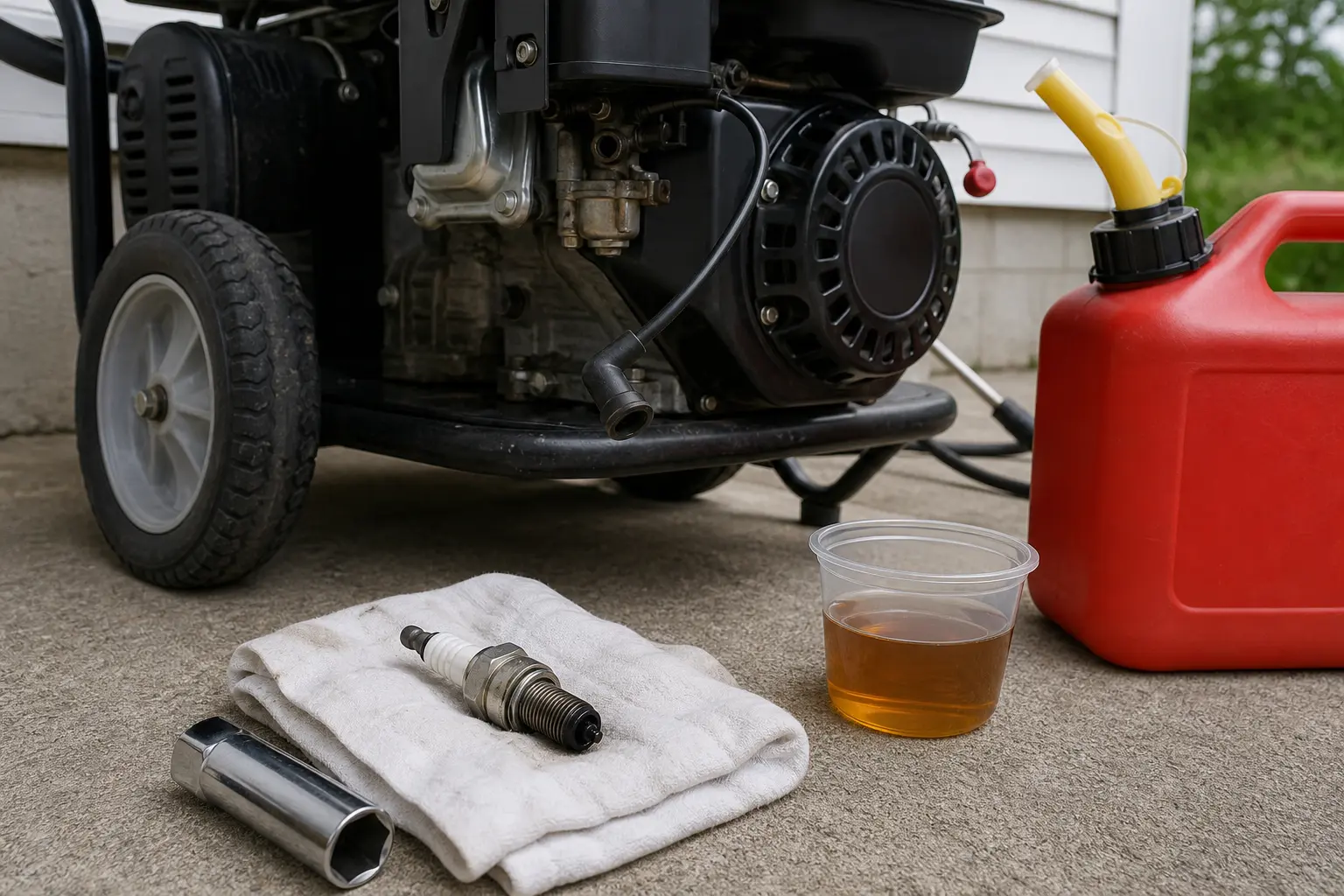 Removed pressure washer spark plug on a rag beside stale fuel sample during no-start diagnosis