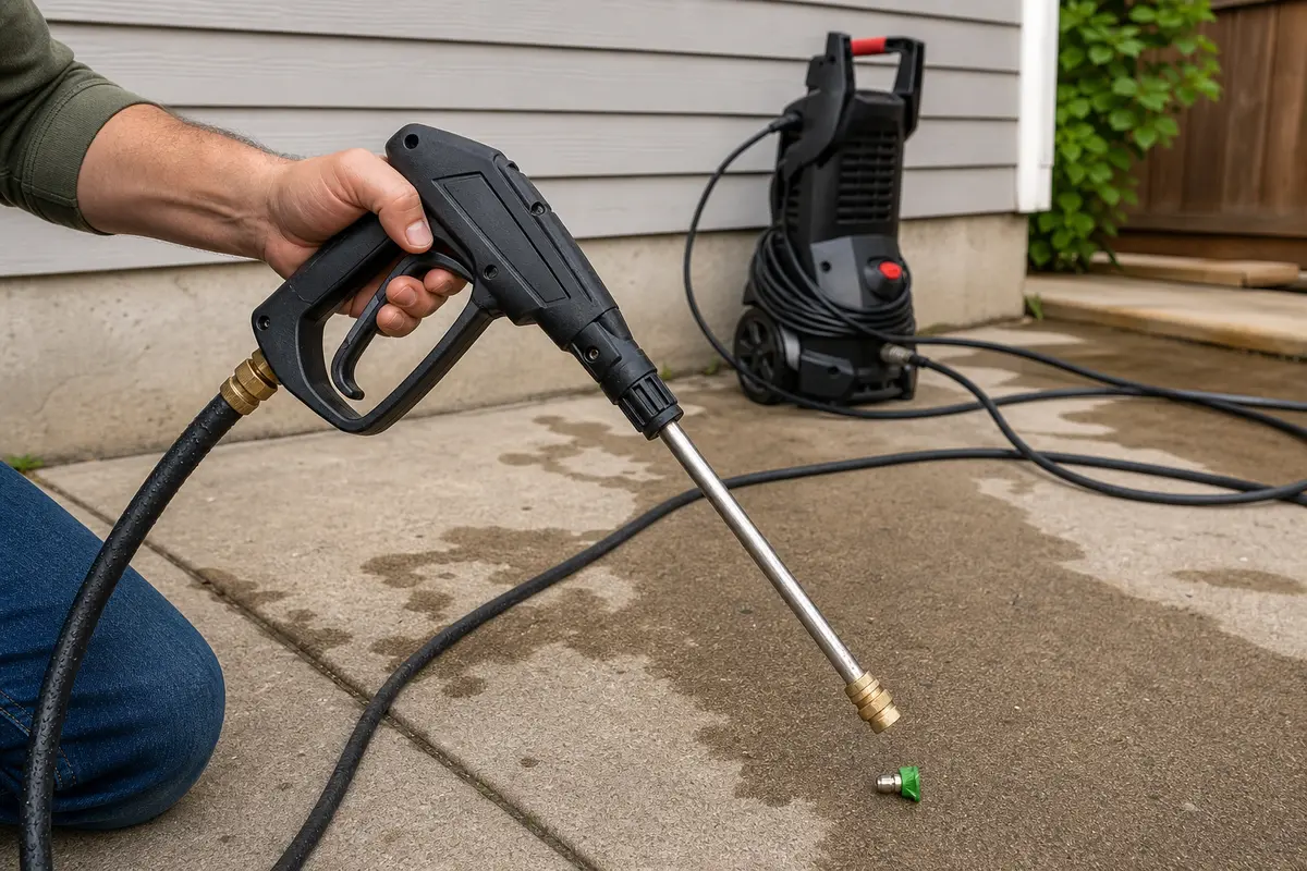Pressure washer spray gun pointed safely down with the nozzle removed for trigger diagnosis