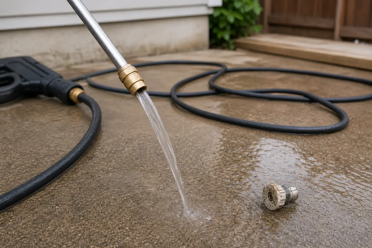 Pressure washer wand with nozzle removed showing low-pressure water flow and a dirty spray tip