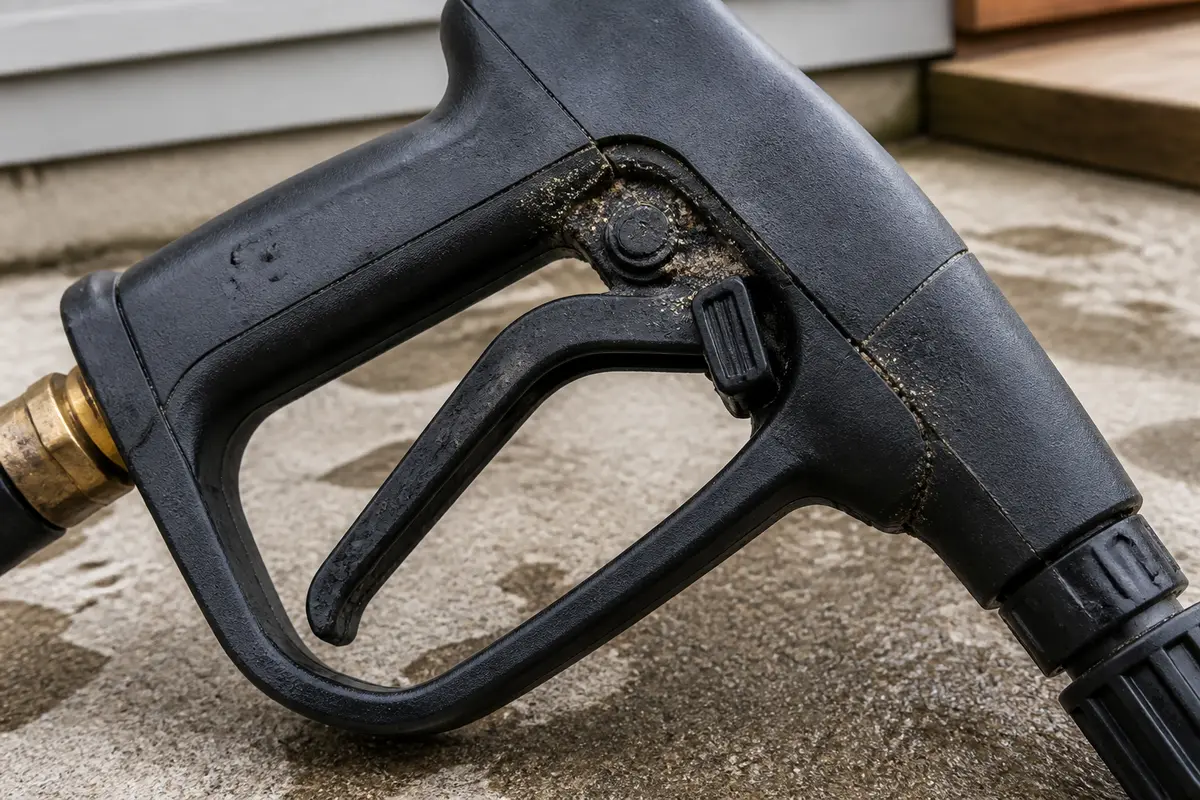 Pressure washer trigger gun close-up showing grit around the trigger pivot and safety lock