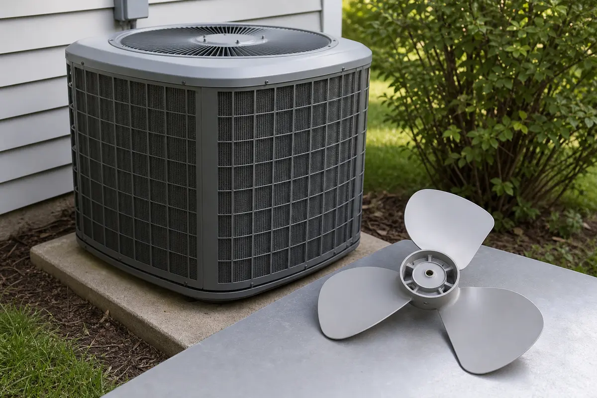 Condenser fan blade beside an outdoor AC unit