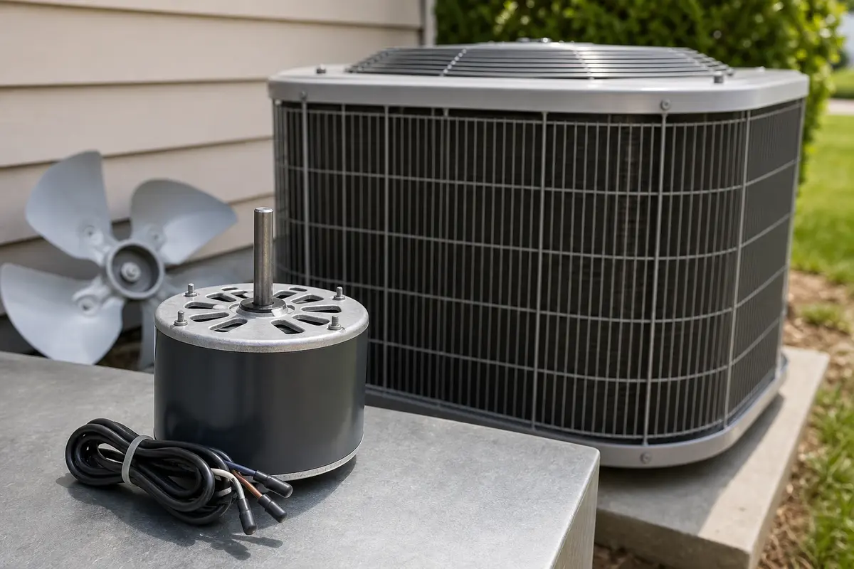 Condenser fan motor beside an outdoor AC unit