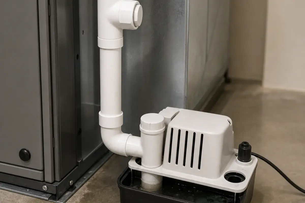 Condensate pump reservoir and discharge tube used in an HVAC drain system