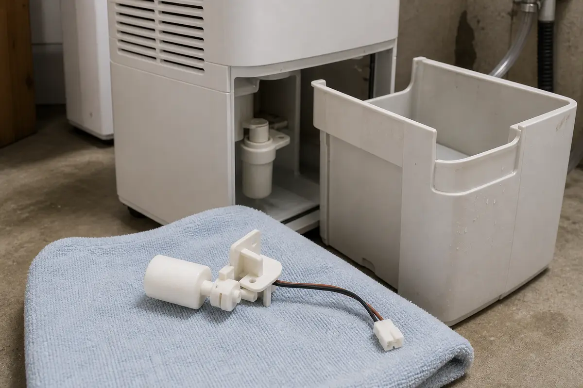 Dehumidifier float switch replacement part used after drain path checks