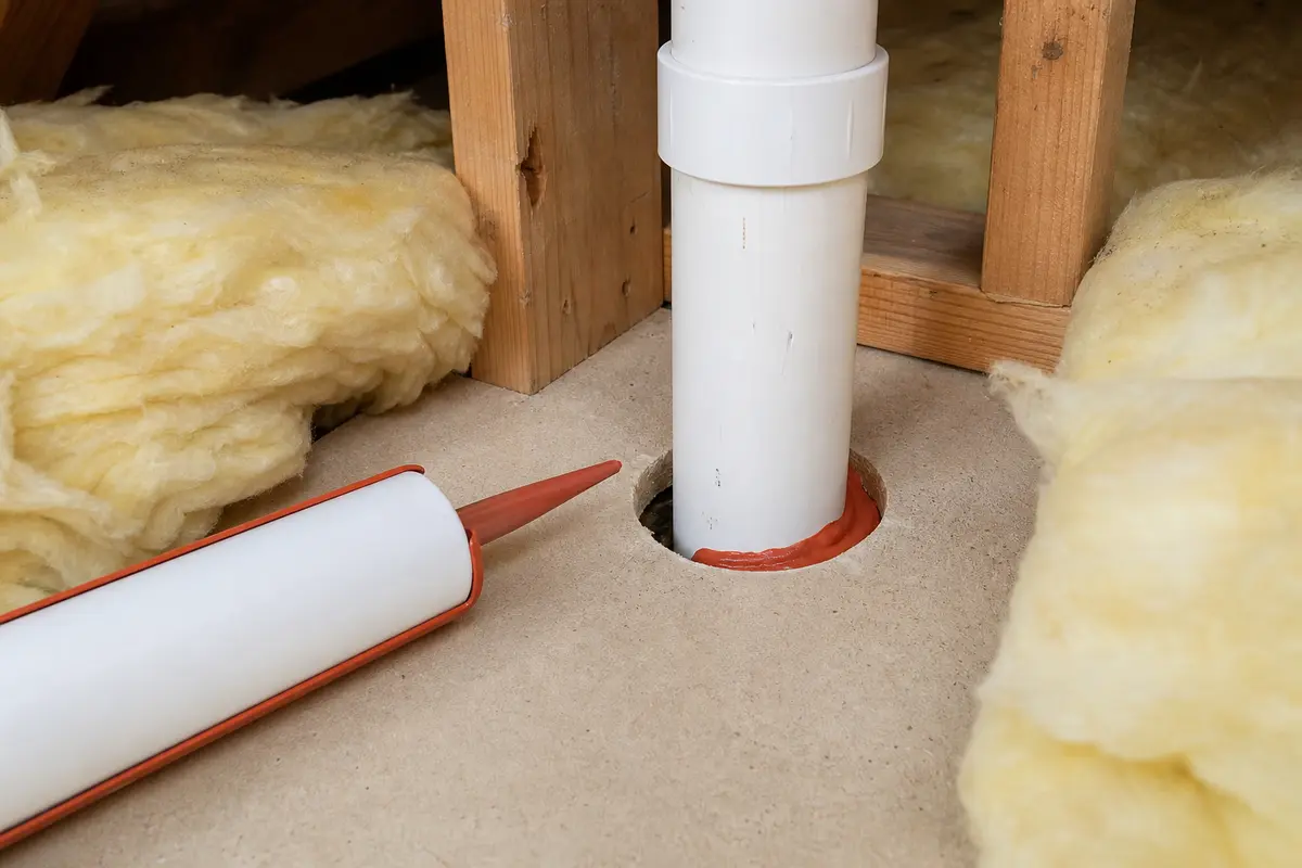 Fireblock sealant sealing a small attic floor air gap around a plumbing vent stack