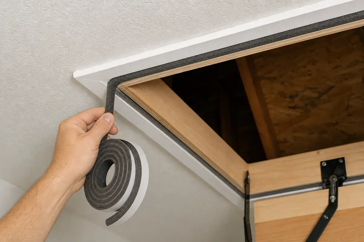 Attic hatch weatherstripping seal applied around the hatch perimeter gap
