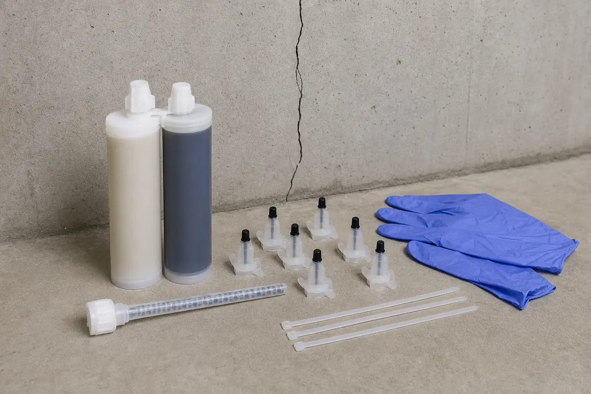 Foundation crack injection kit staged beside a rain-leaking basement wall crack