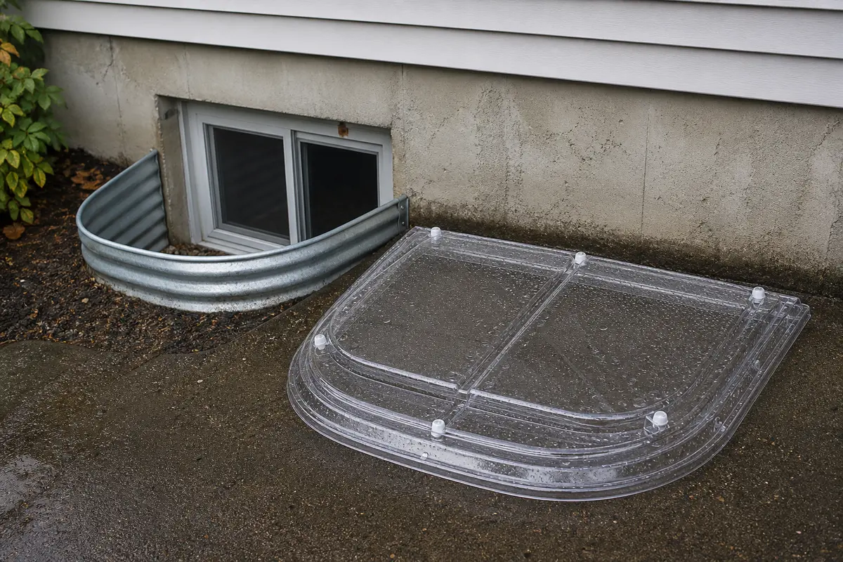 Clear basement window well cover protecting against heavy rain