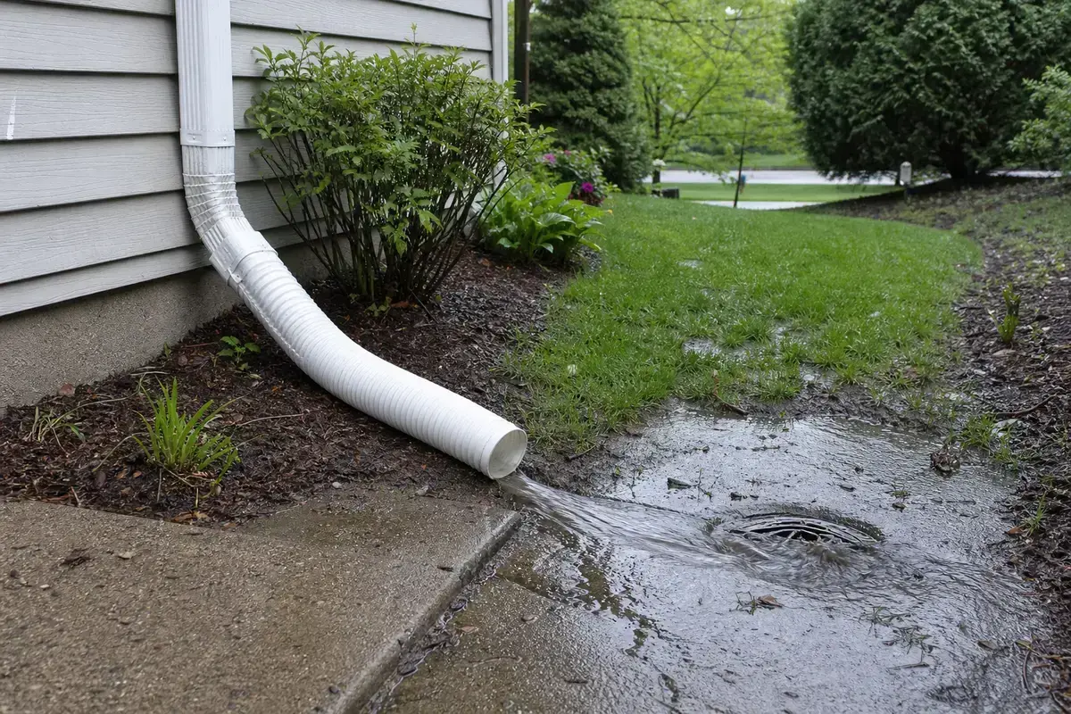 Downspout extension carrying runoff away from a cracked basement wall