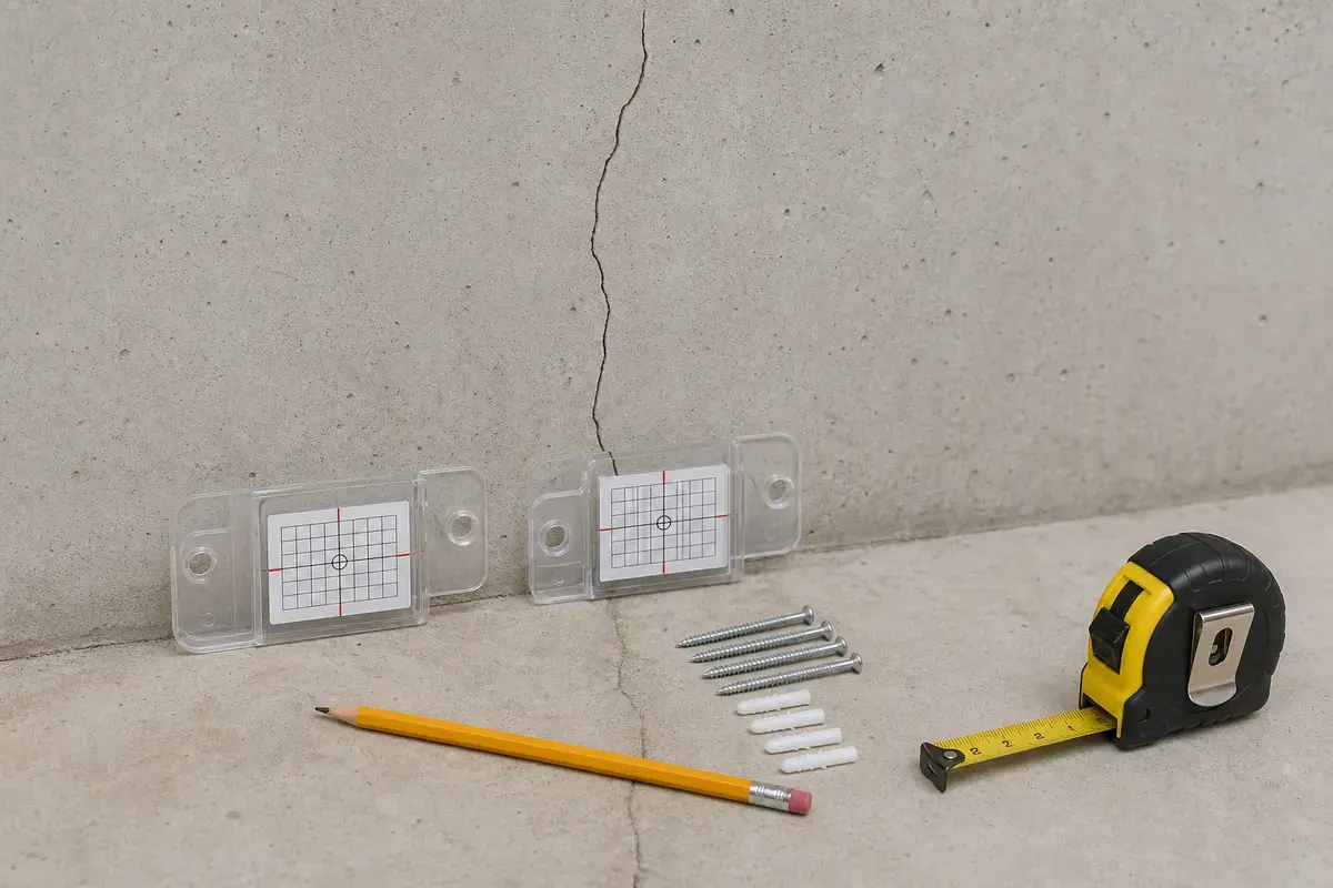 Crack monitor gauge on a basement wall crack that opens in winter