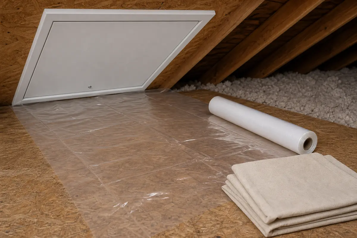 Plastic sheeting and drop cloth staged below an attic hatch cleanup area