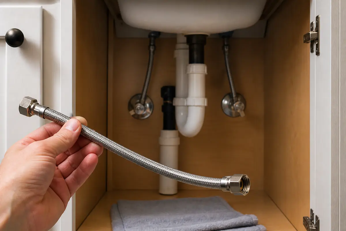 Braided bathroom sink supply line under a vanity