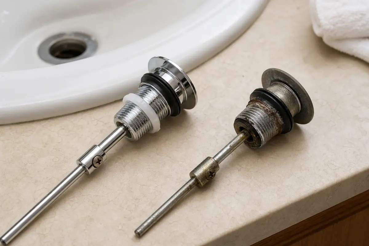 Bathroom sink pop-up stopper assembly for stopper and drain checks