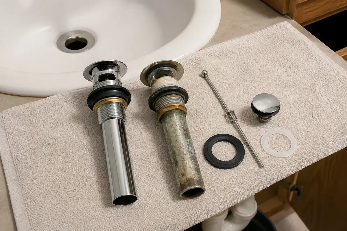 Bathroom sink drain assembly and pop-up replacement parts