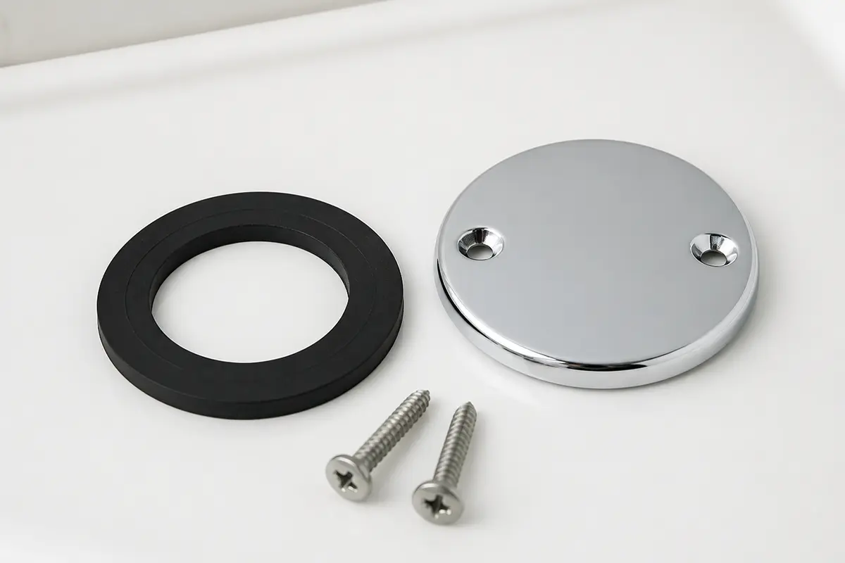 Bathtub overflow gasket and plate kit checked before installation