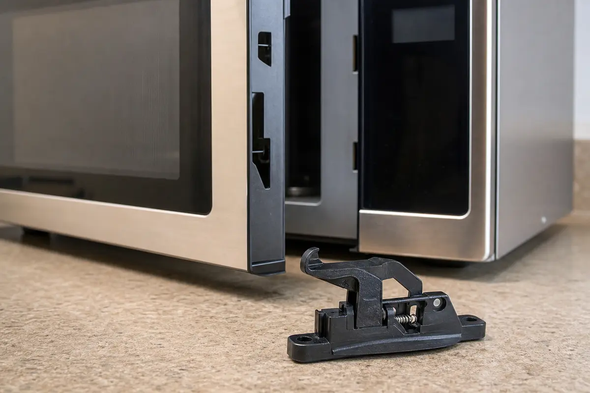Microwave door latch assembly shown before matching the Whirlpool model number