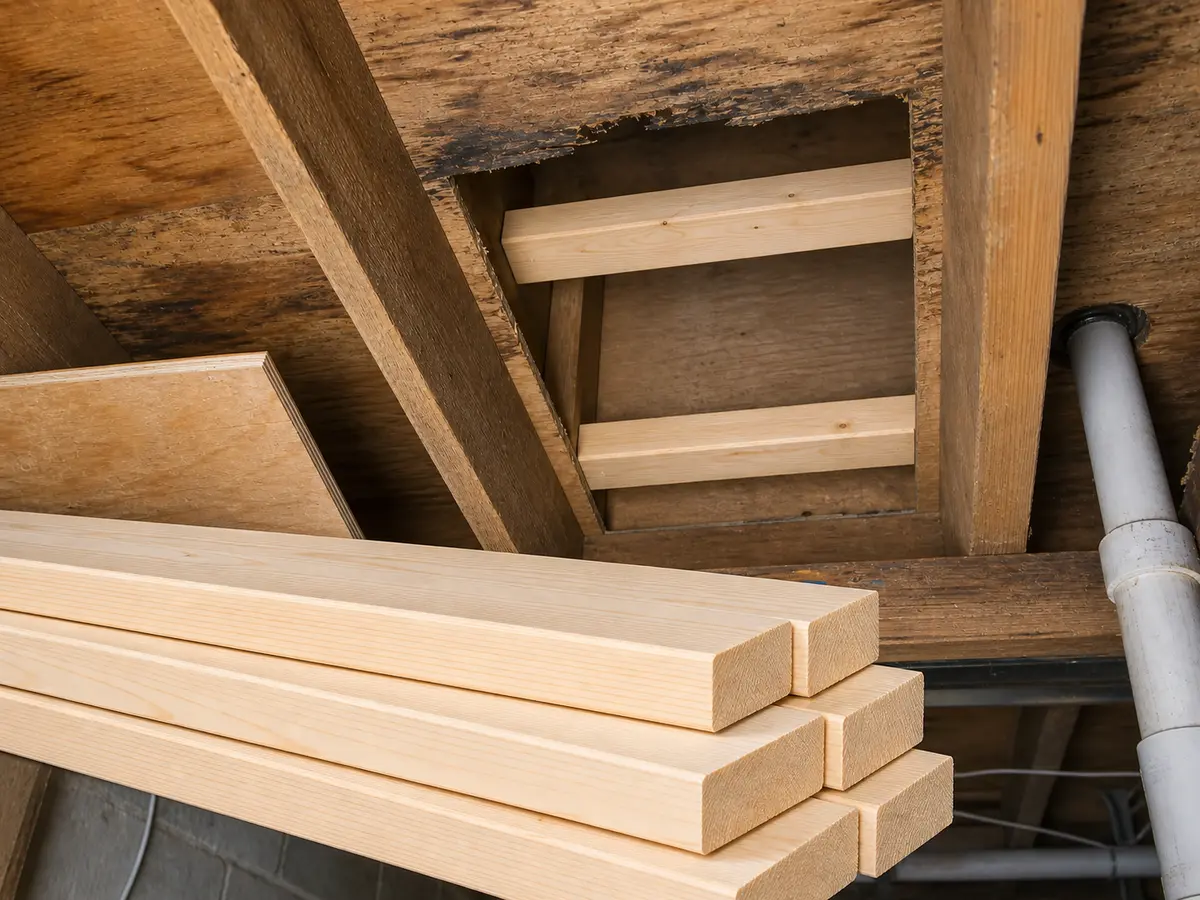 Solid blocking lumber staged for a supported subfloor repair