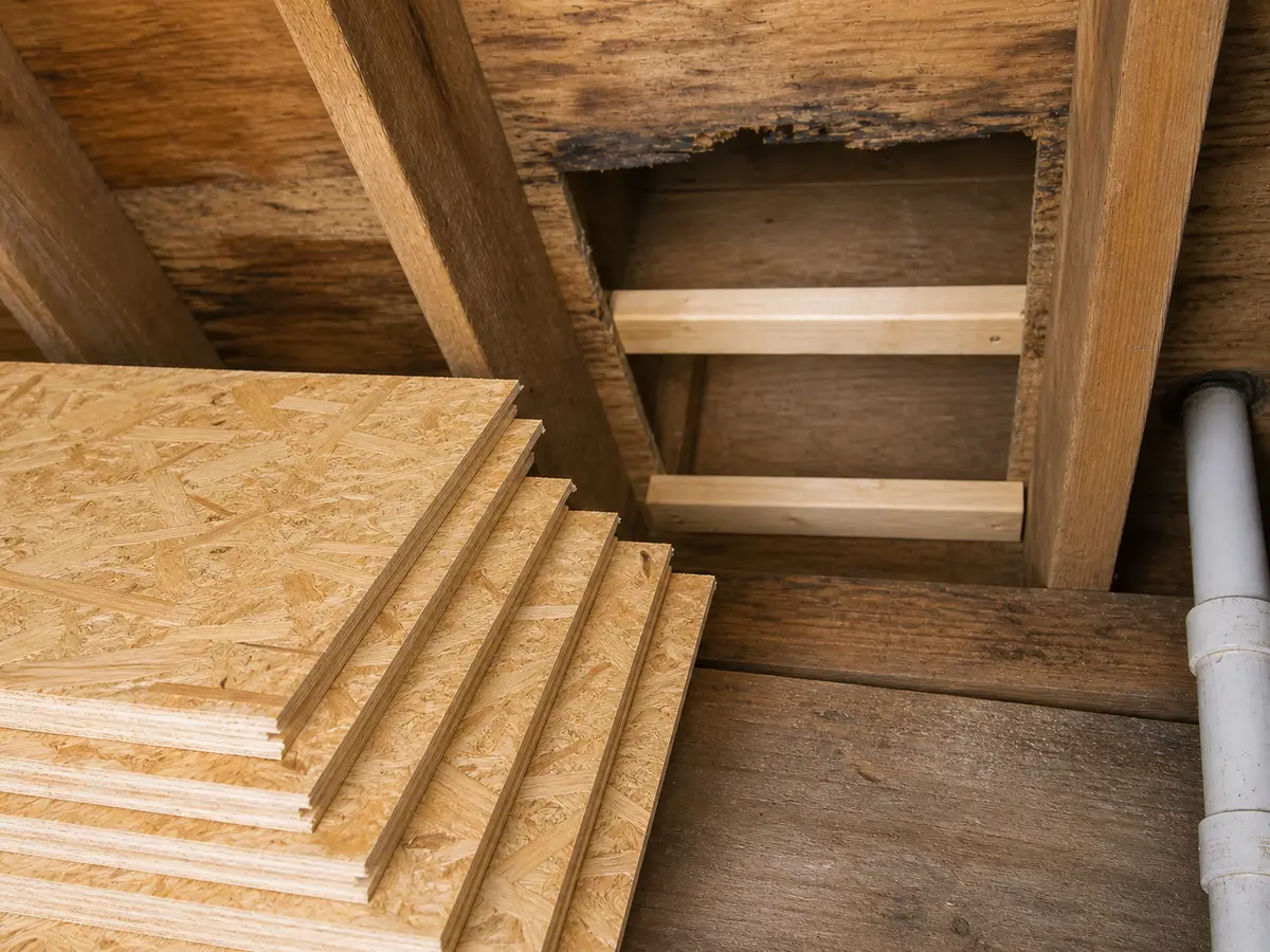 Matched subfloor panels staged beside a supported repair opening
