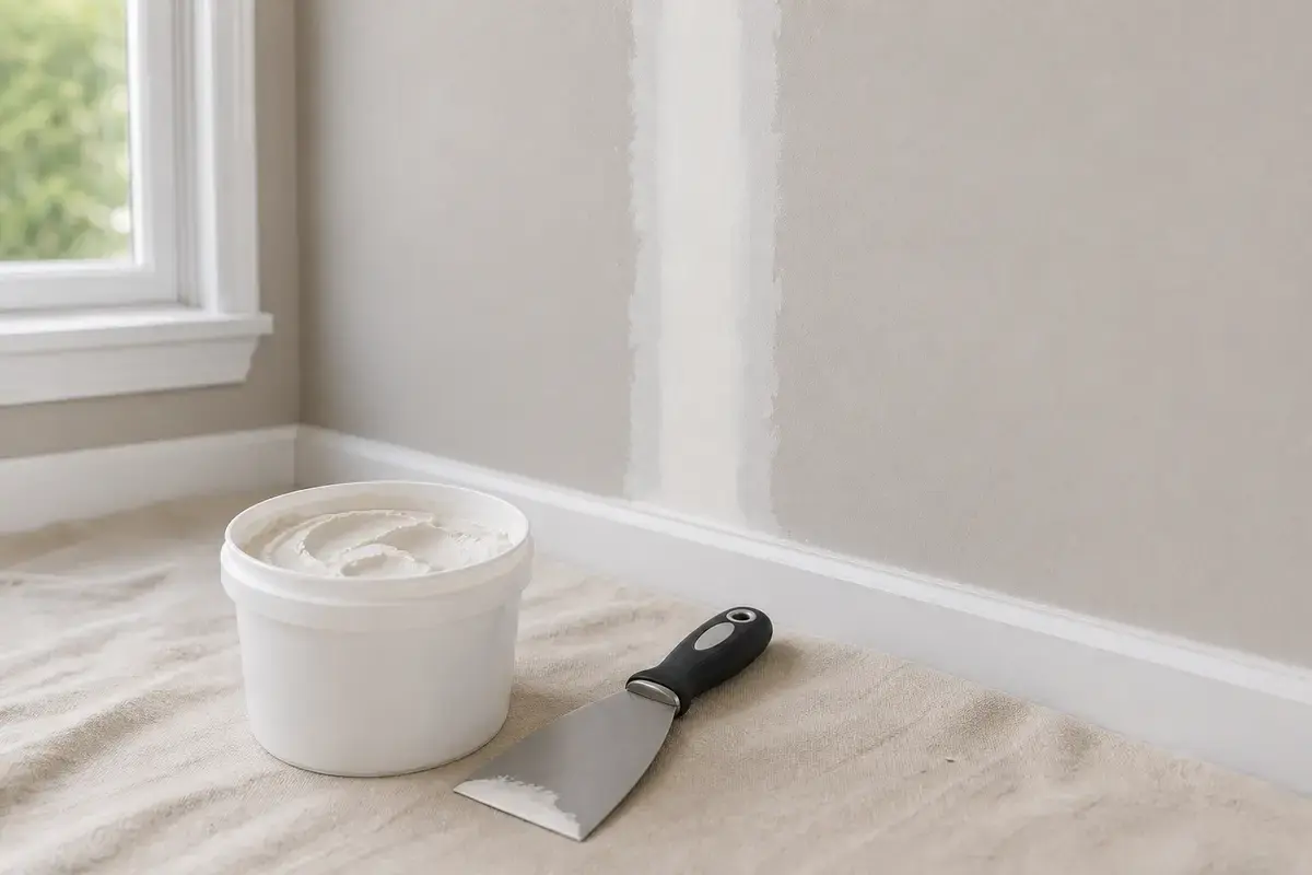 Joint compound and taping knife for finishing a cat urine damaged drywall patch