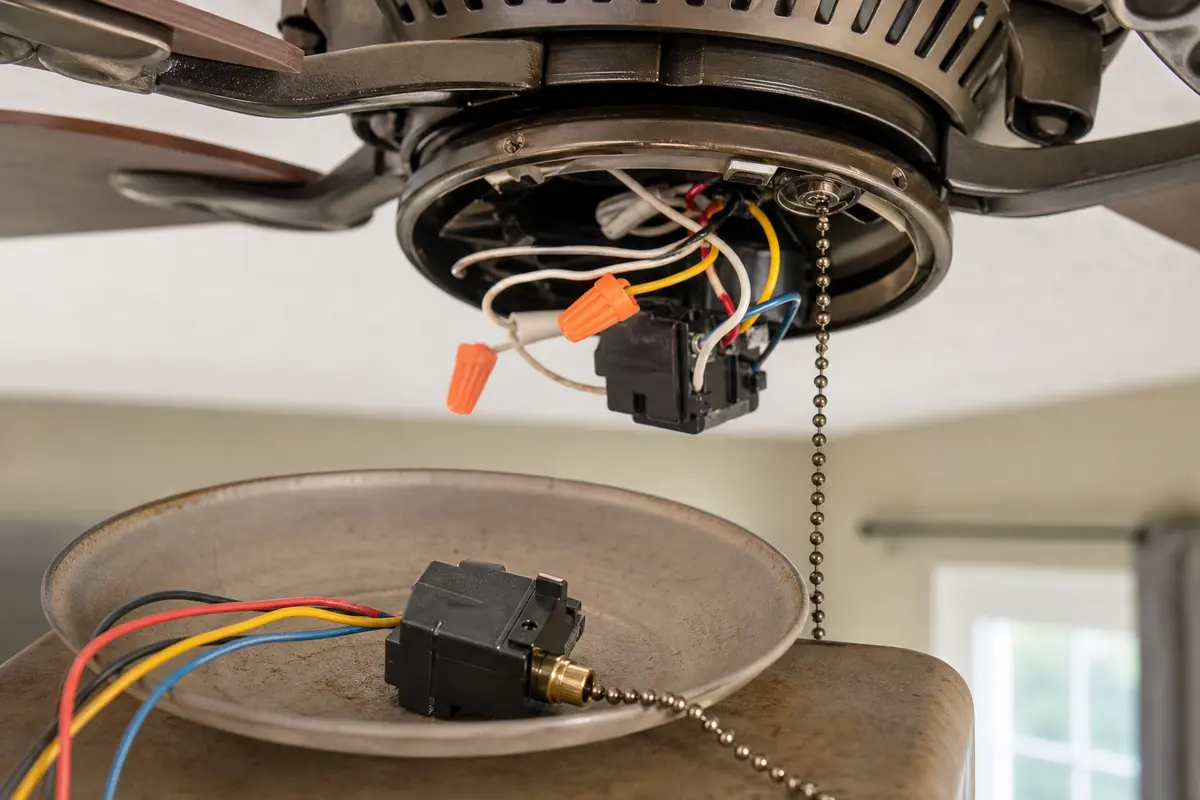 Ceiling fan pull-chain speed switch beside an open fan switch housing
